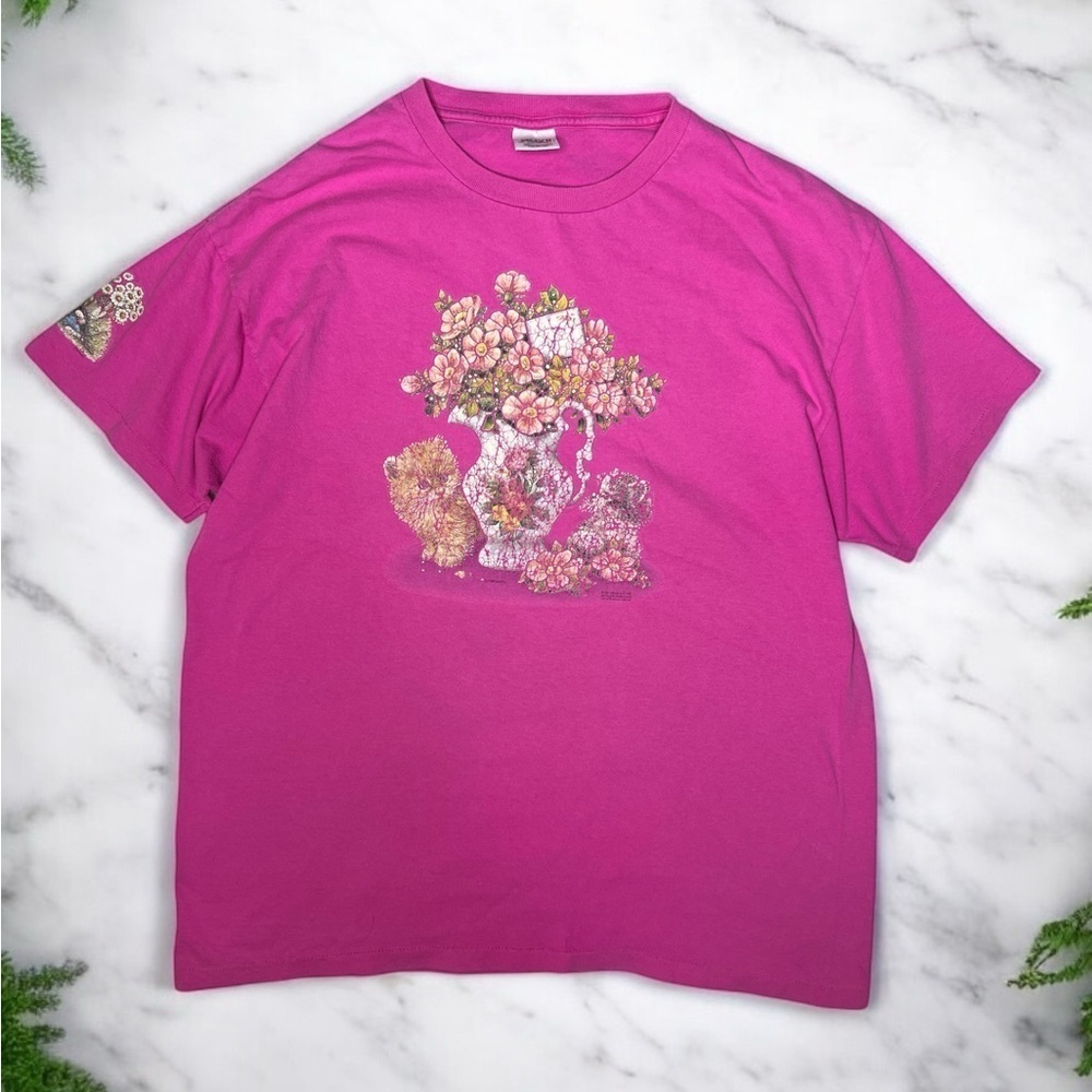 Vintage 90s Anvil Cat Floral Graphic T Shirt Single Stitch Pink XL